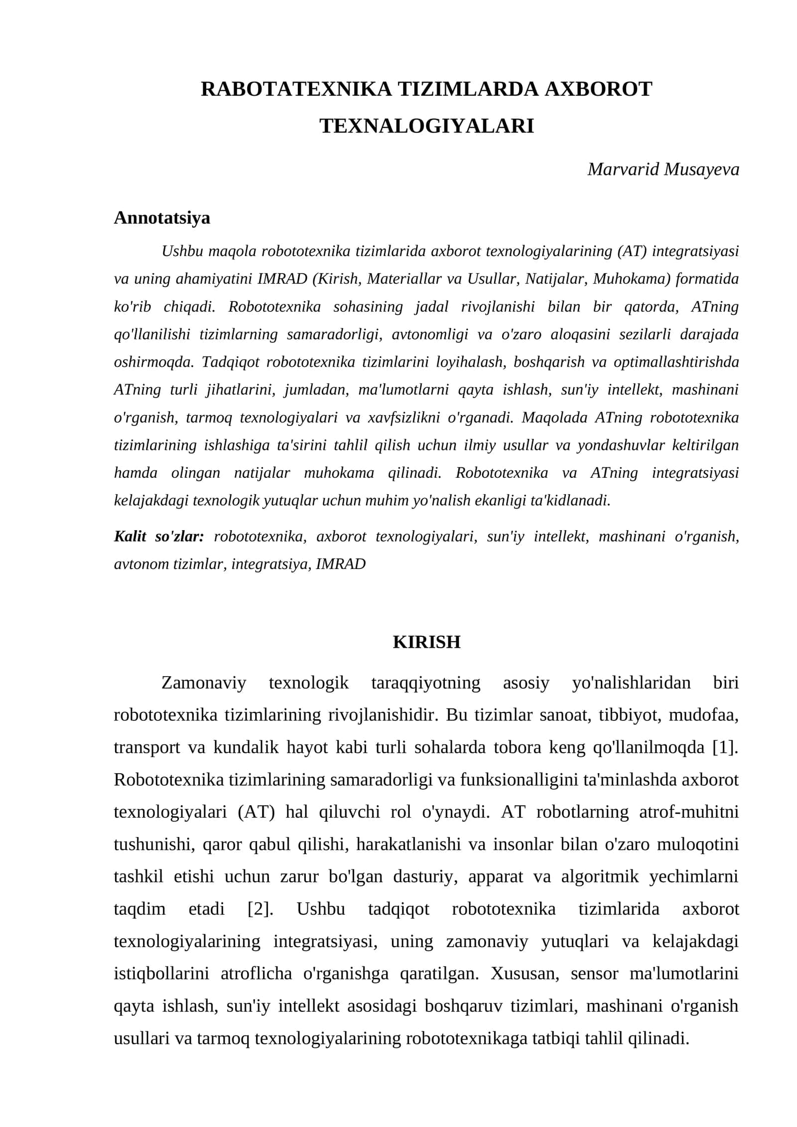 ROBOTATEXNIKA TIZIMLARDA AXBOROT TEXNALOGIYALARI