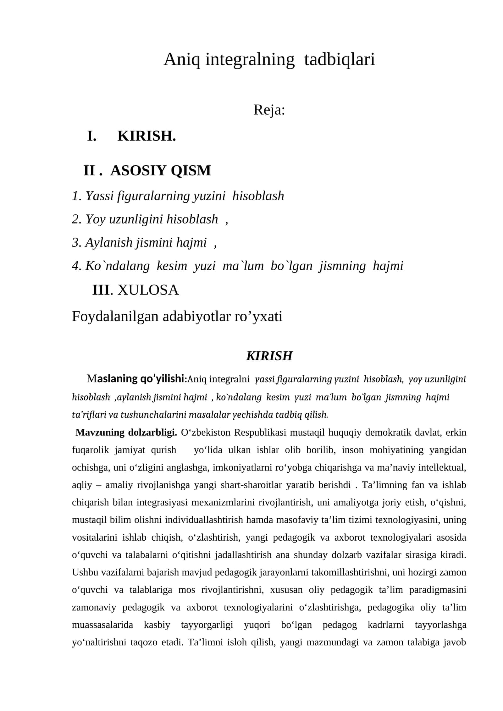 Aniq integralning tadbiqlari
