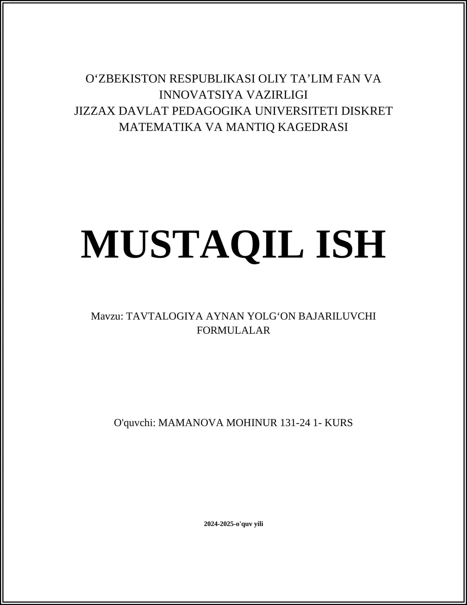 TAVTALOGIYA AYNAN YOLGʻON BAJARILUVCHI FORMULALAR