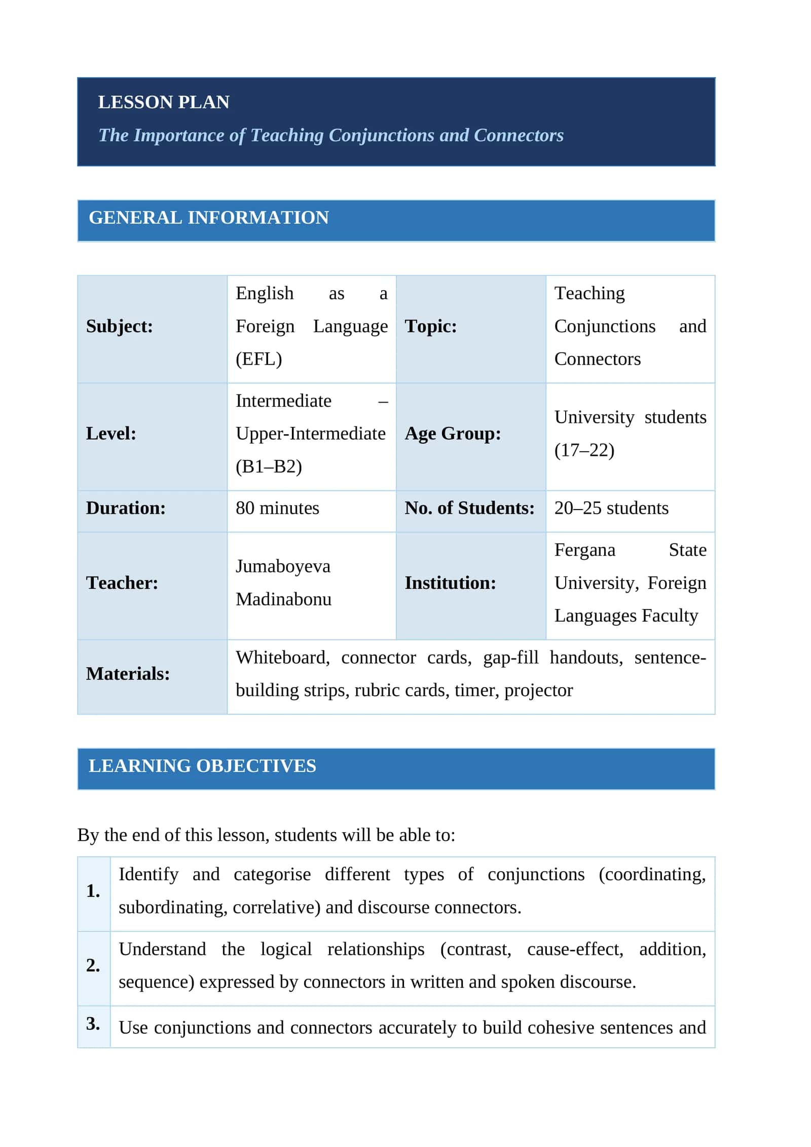 Lesson Plan - The Importance of Teaching Conjunctions and Connectors