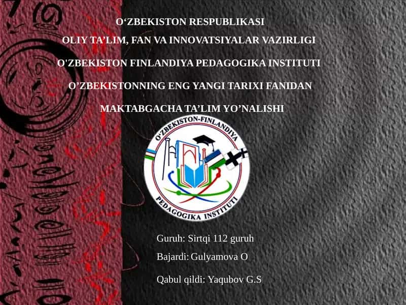 O'ZBEKISTONNING ENG YANGI TARIXI FANIDAN