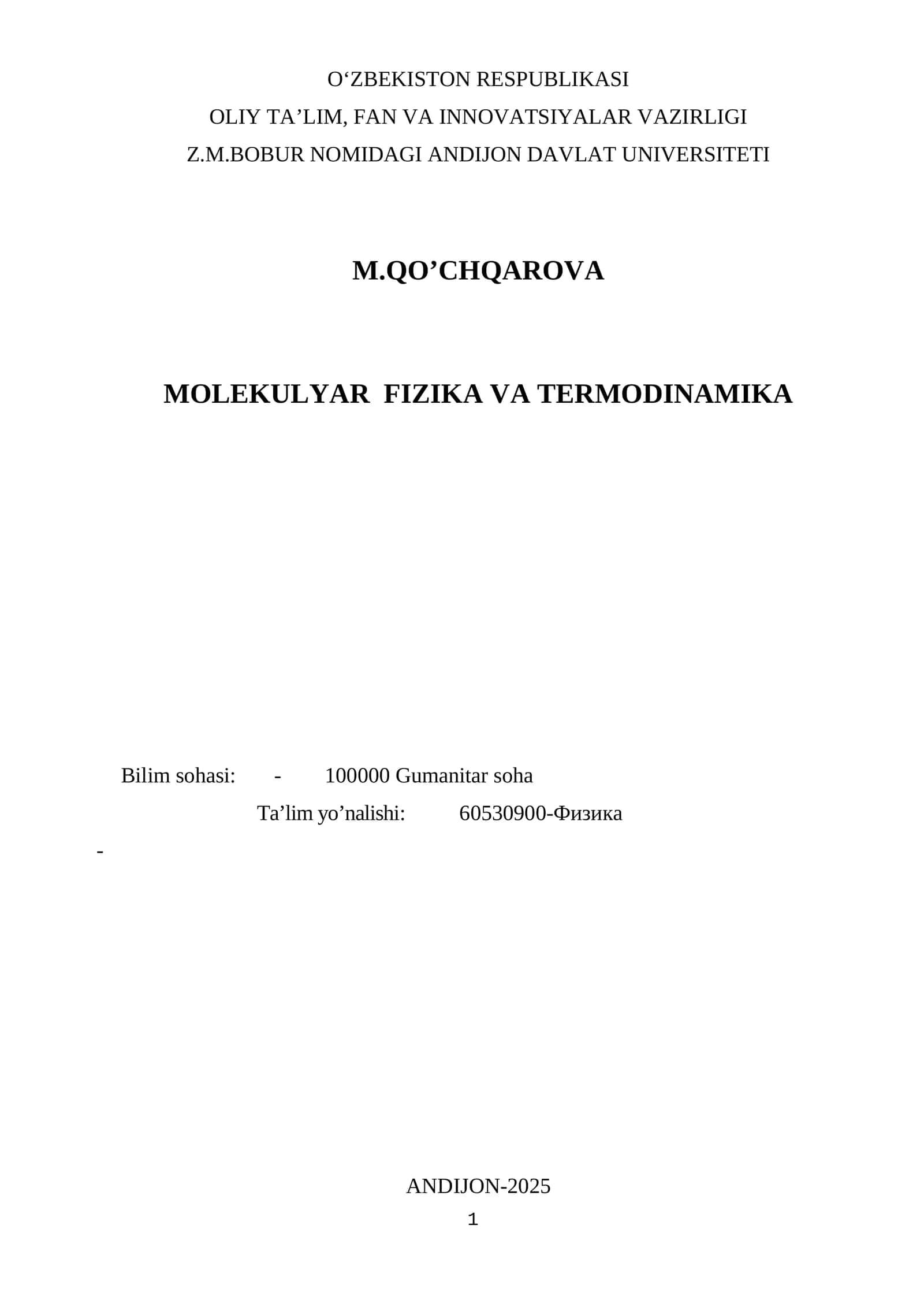 MOLEKULYAR FIZIKA VA TERMODINAMIKA