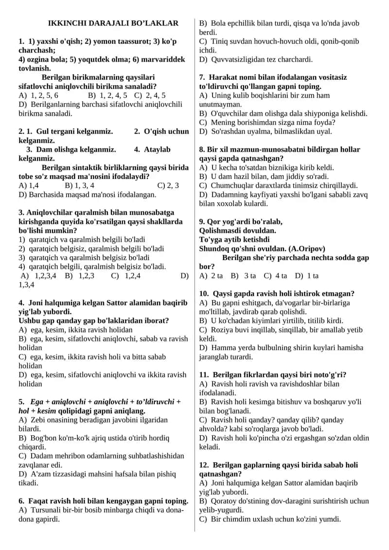 IKKINCHI DARAJALI BO’LAKLAR