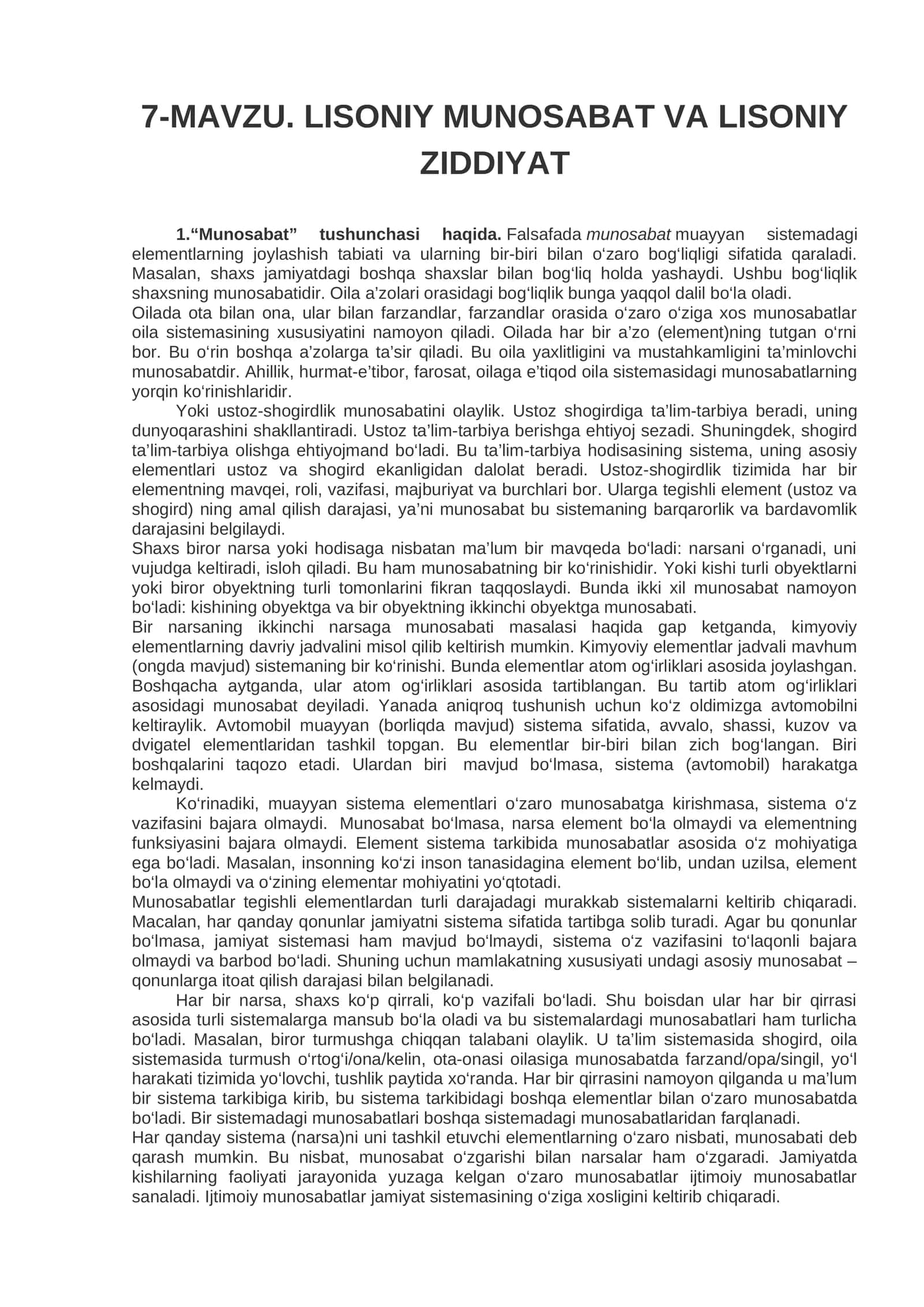 MAVZU. LISONIY MUNOSABAT VA LISONIY ZIDDIYAT