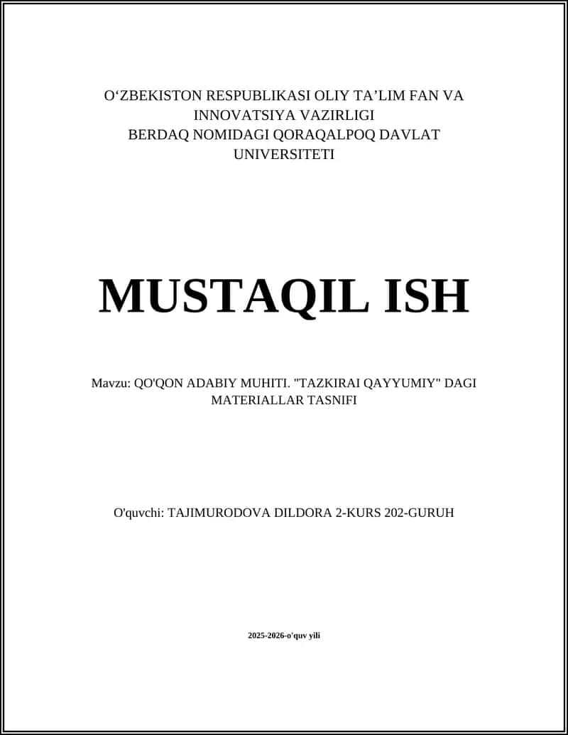 QO'QON ADABIY MUHITI. "TAZKIRAI QAYYUMIY" DAGI MATERIALLAR TASNIFI