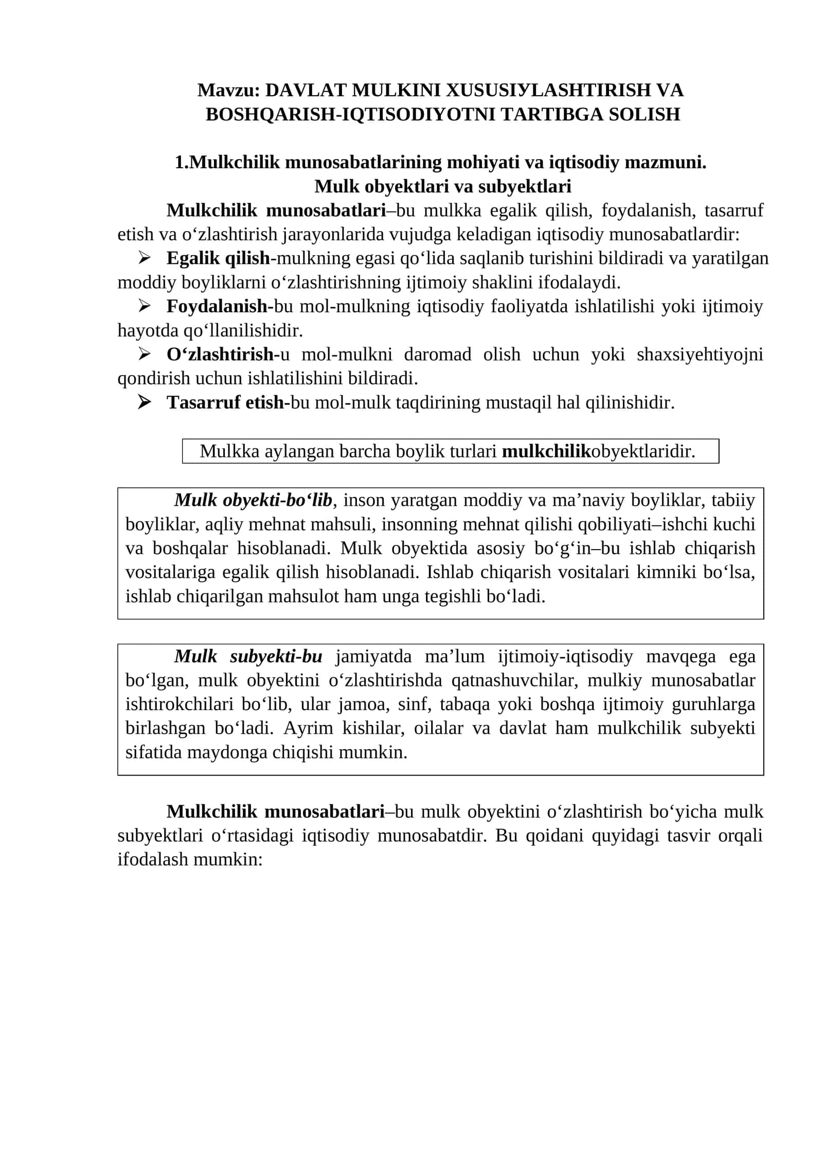 DАVLАT MULKINI XUSUSIУLАSHTIRISH VА BОSHQАRISH-IQTISODIYOTNI TARTIBGA SOLISH