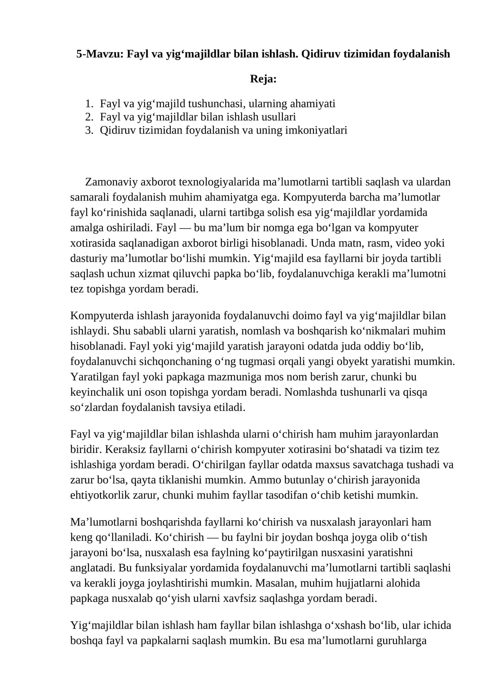 Fayl va yig‘majildlar bilan ishlash. Qidiruv tizimidan foydalanish