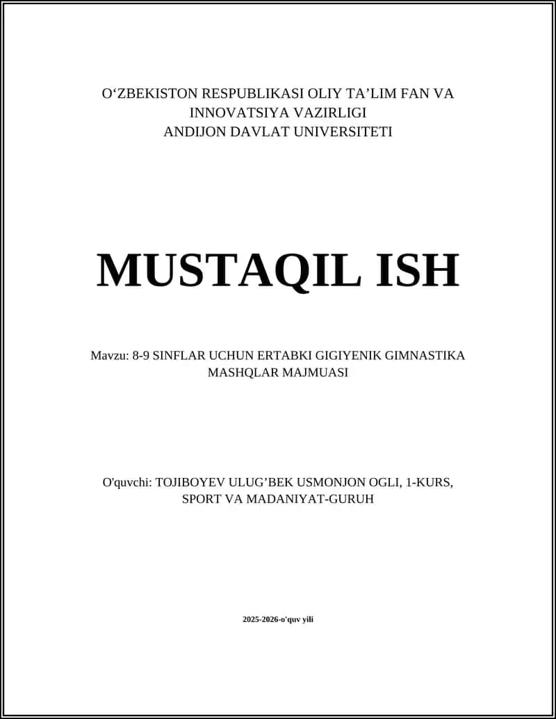 8-9 SINFLAR UCHUN ERTABKI GIGIYENIK GIMNASTIKA MASHQLAR MAJMUASI