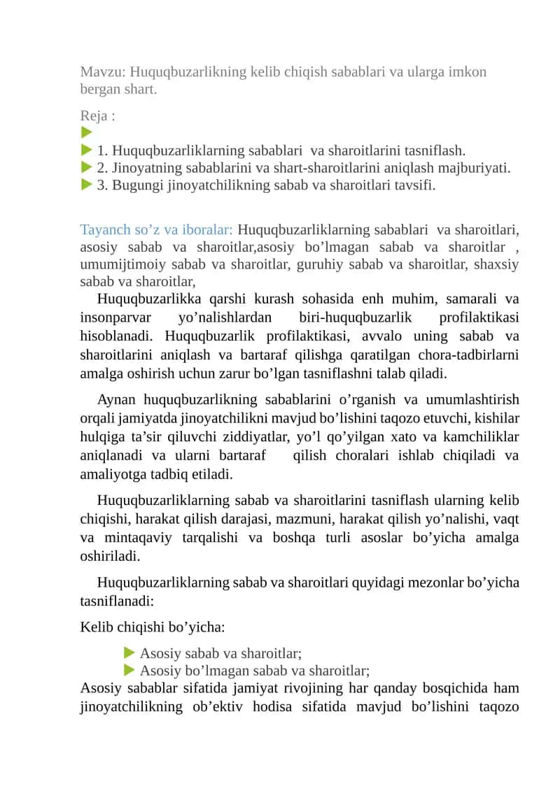 Huquqbuzarlikning kelib chiqish sabablari va ularga imkon bergan shart