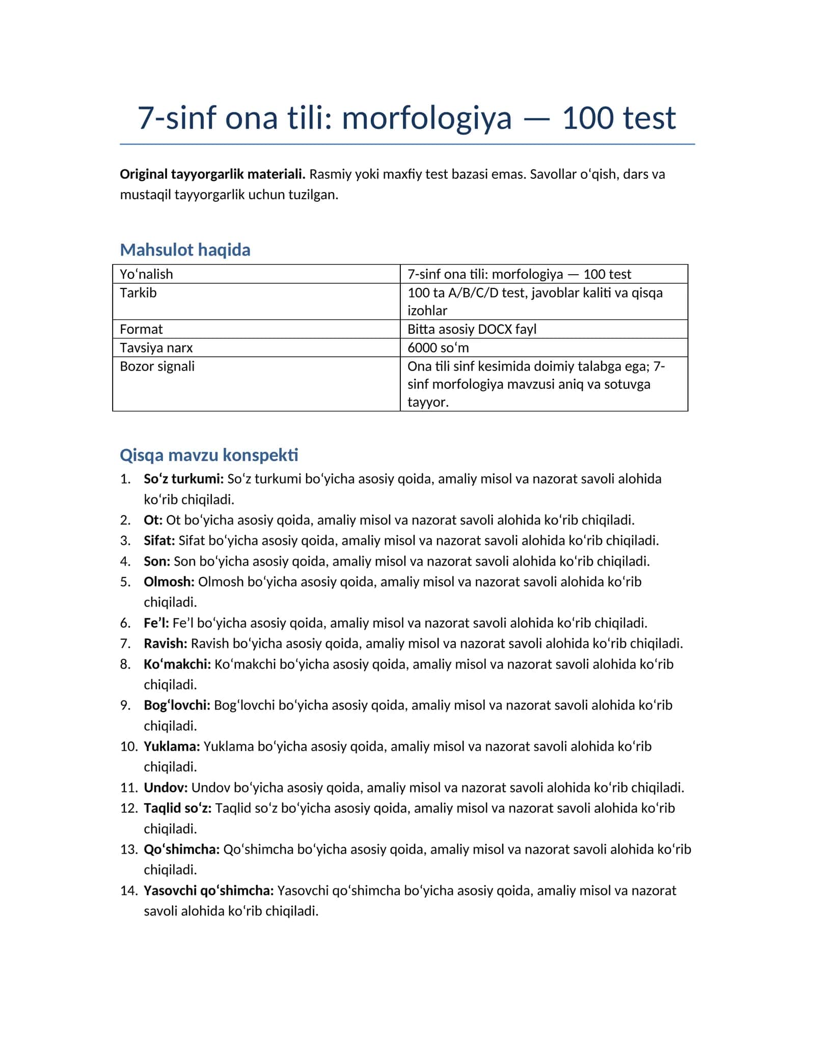 7-sinf ona tili: morfologiya — 100 test
