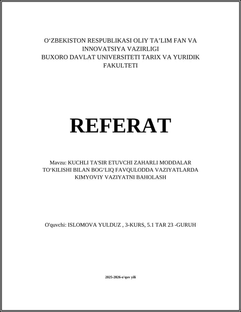 Kuchli Ta'sir Etuvchi Zaharli Moddalar Tasnifi