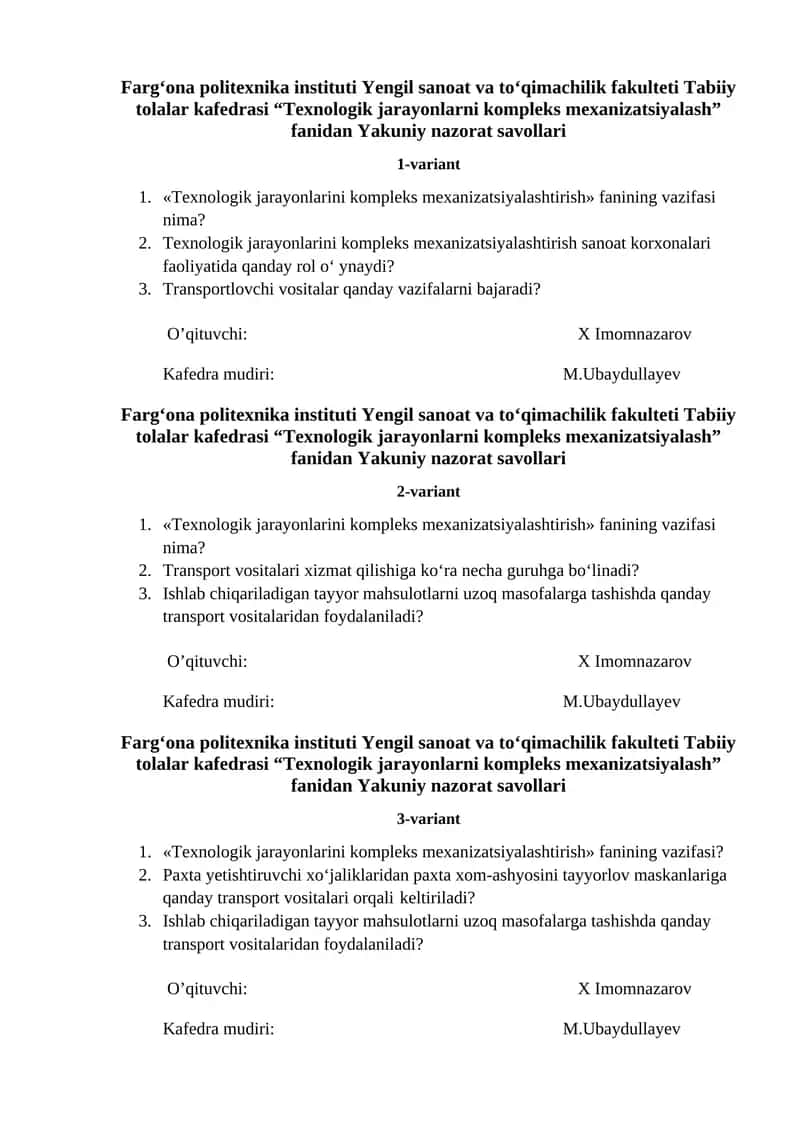 Tеxnologik jarayonlarni komplеks mеxanizatsiyalash