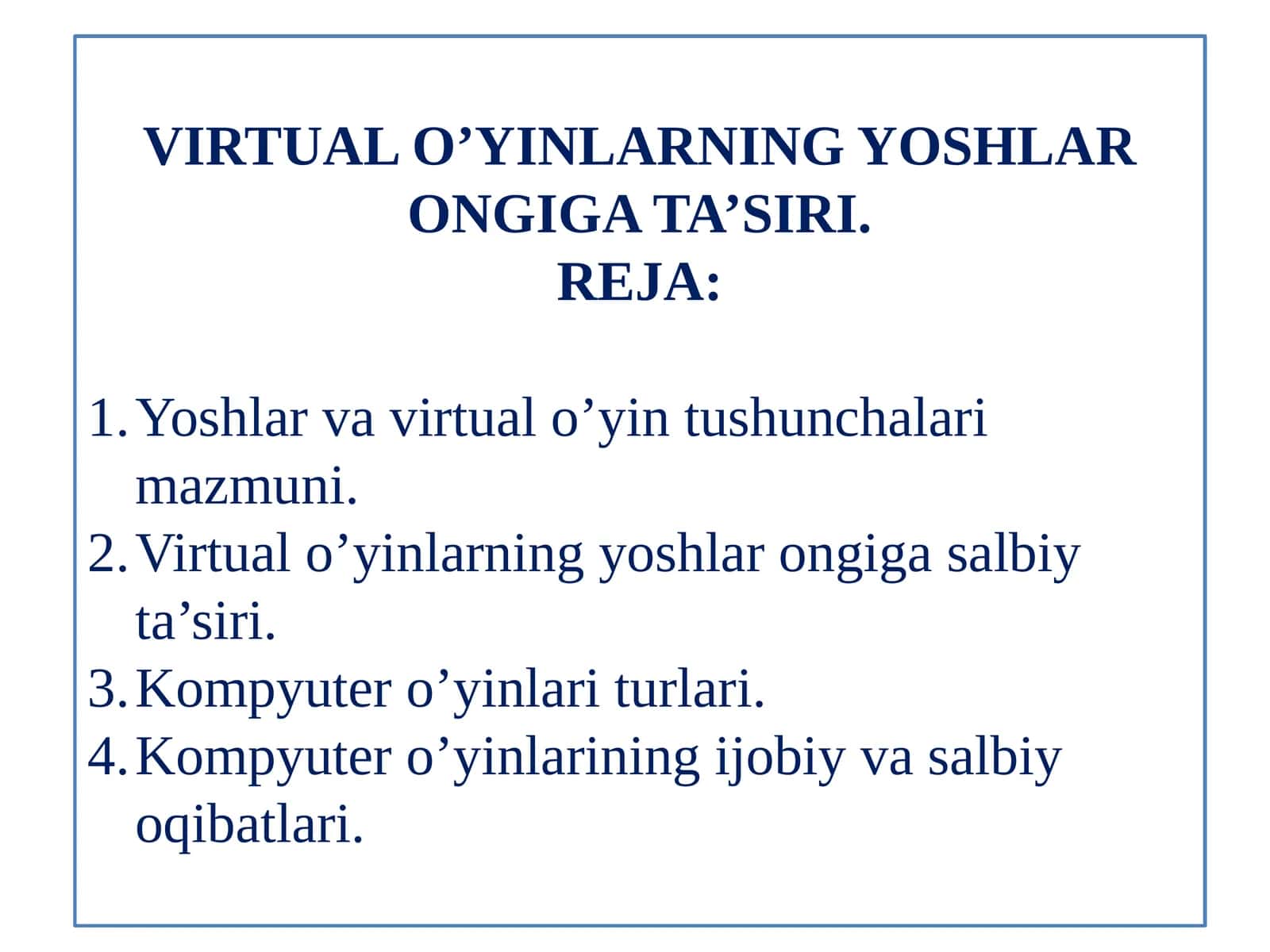 VIRTUAL O’YINLARNING YOSHLAR ONGIGA TA’SIRI.