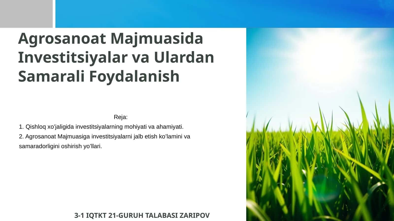 Agrosanoat Majmuasida Investitsiyalar va Ulardan Samarali Foydalanish