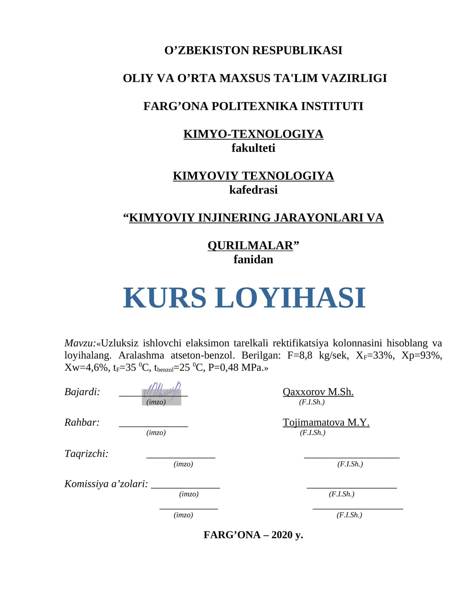 Uzluksiz ishlovchi elaksimon tarelkali rek loyihalang. Aralashma atseton-benzol. 1
