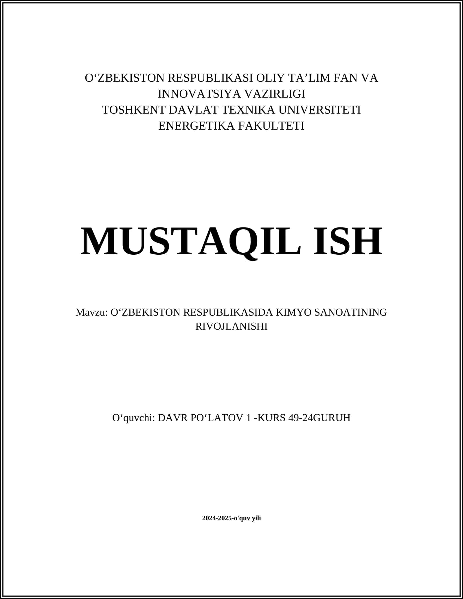 Oʻzbekiston Respublikasida kimyo sanoating rivojlanishi