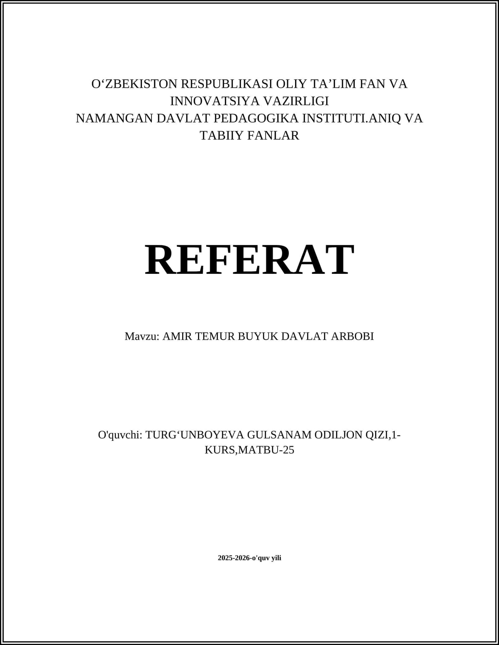 AMIR TEMUR BUYUK DAVLAT ARBOBI