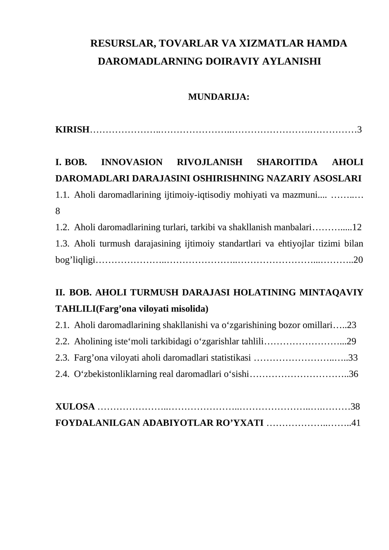 RESURSLAR, TOVARLAR VA XIZMATLAR HAMDA DAROMADLARNING DOIRAVIY AYLANISHI