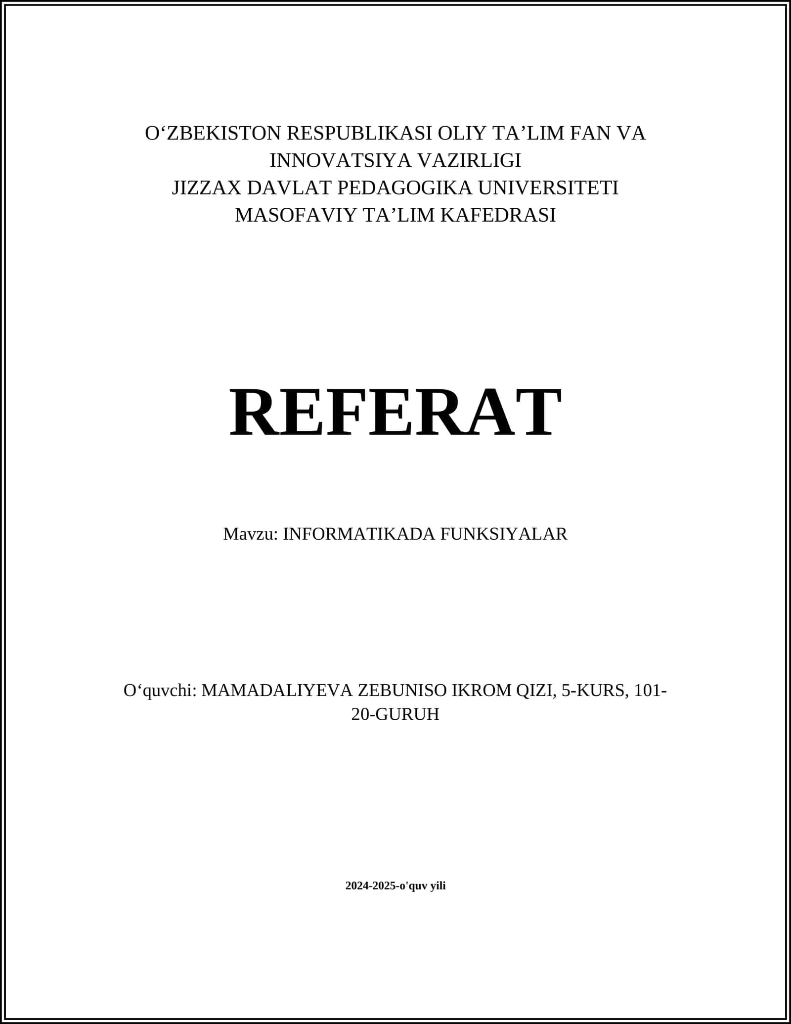 INFORMATIKADA FUNKSIYALAR