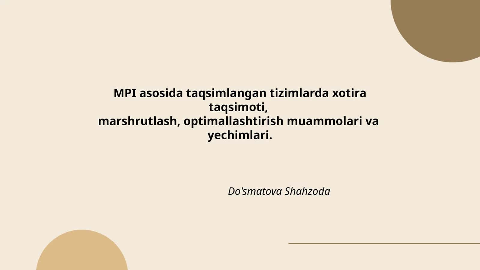 MPI asosida taqsimlangan tizimlarda xotira taqsimoti, marshrutlash, optimallashtirish muammolari va yechimlari
