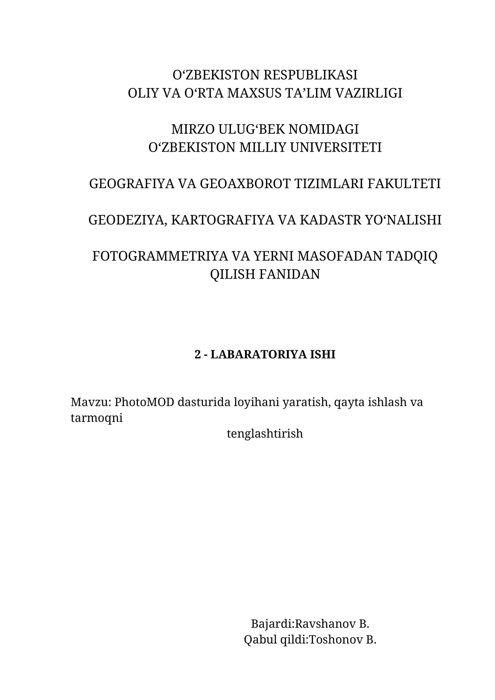 PhotoMOD dasturida loyihani yaratish
