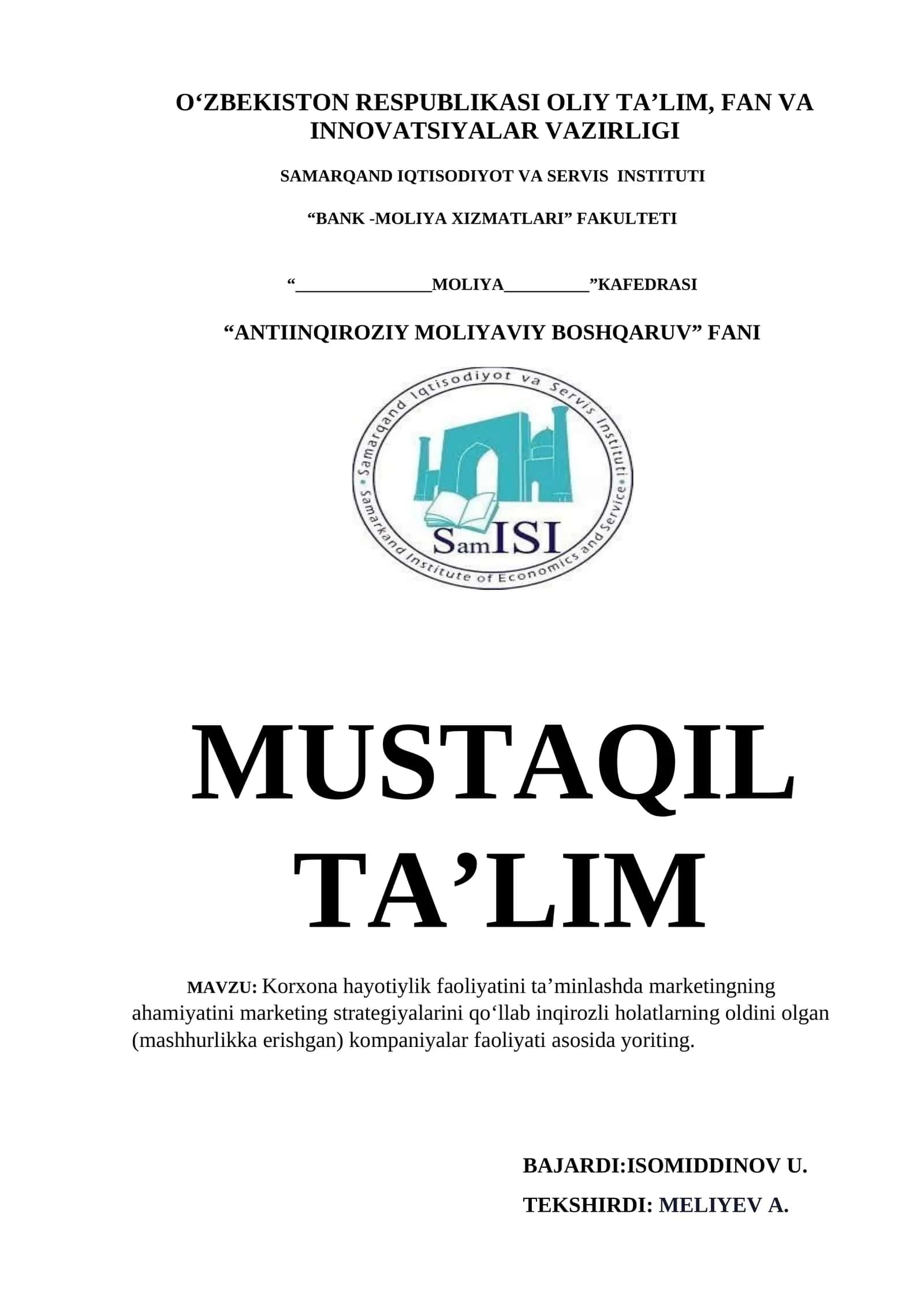 Antiinqiroziy moliyaviy boshqaruv fani
