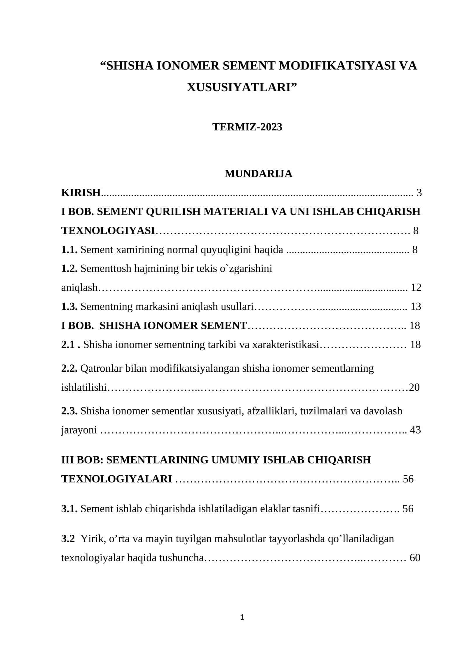 SHISHA IONOMER SEMENT MODIFIKATSIYASI VA XUSUSIYATLARI