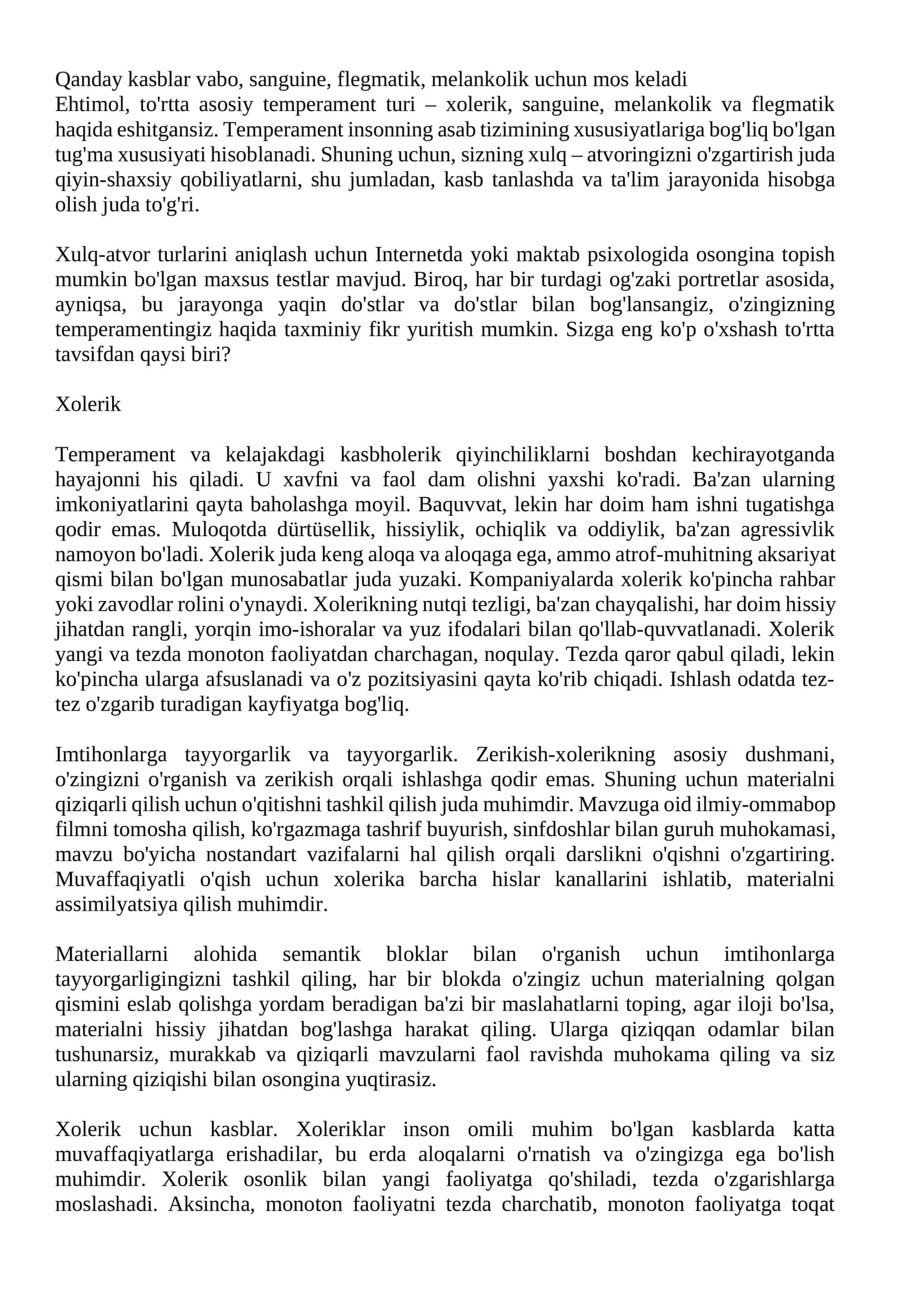 Qanday kasblar vabo, sanguine, flegmatik, melankolik uchun mos keladi