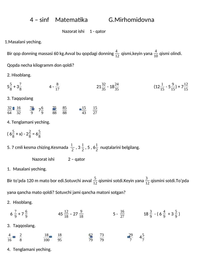 4 – sinf Matematika Nazorat ishi