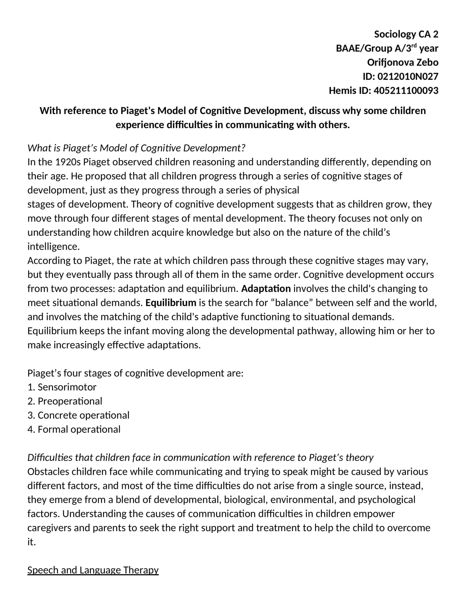 Piaget’s Model of Cognitive Development