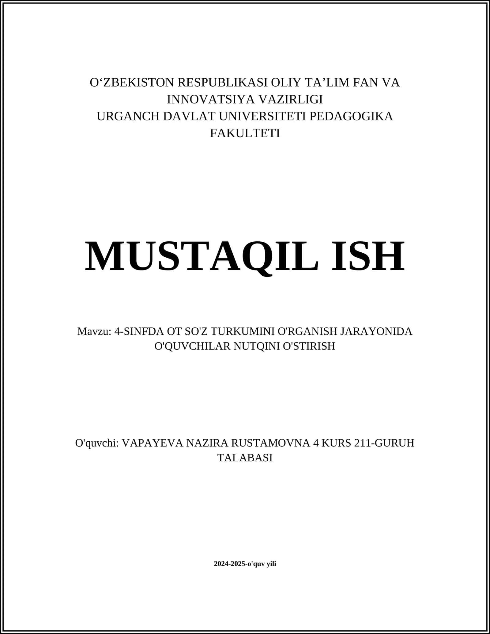 4-SINFDA OT SO'Z TURKUMINI O'RGANISH JARAYONIDA O'QUVCHILAR NUTQINI O'STIRISH