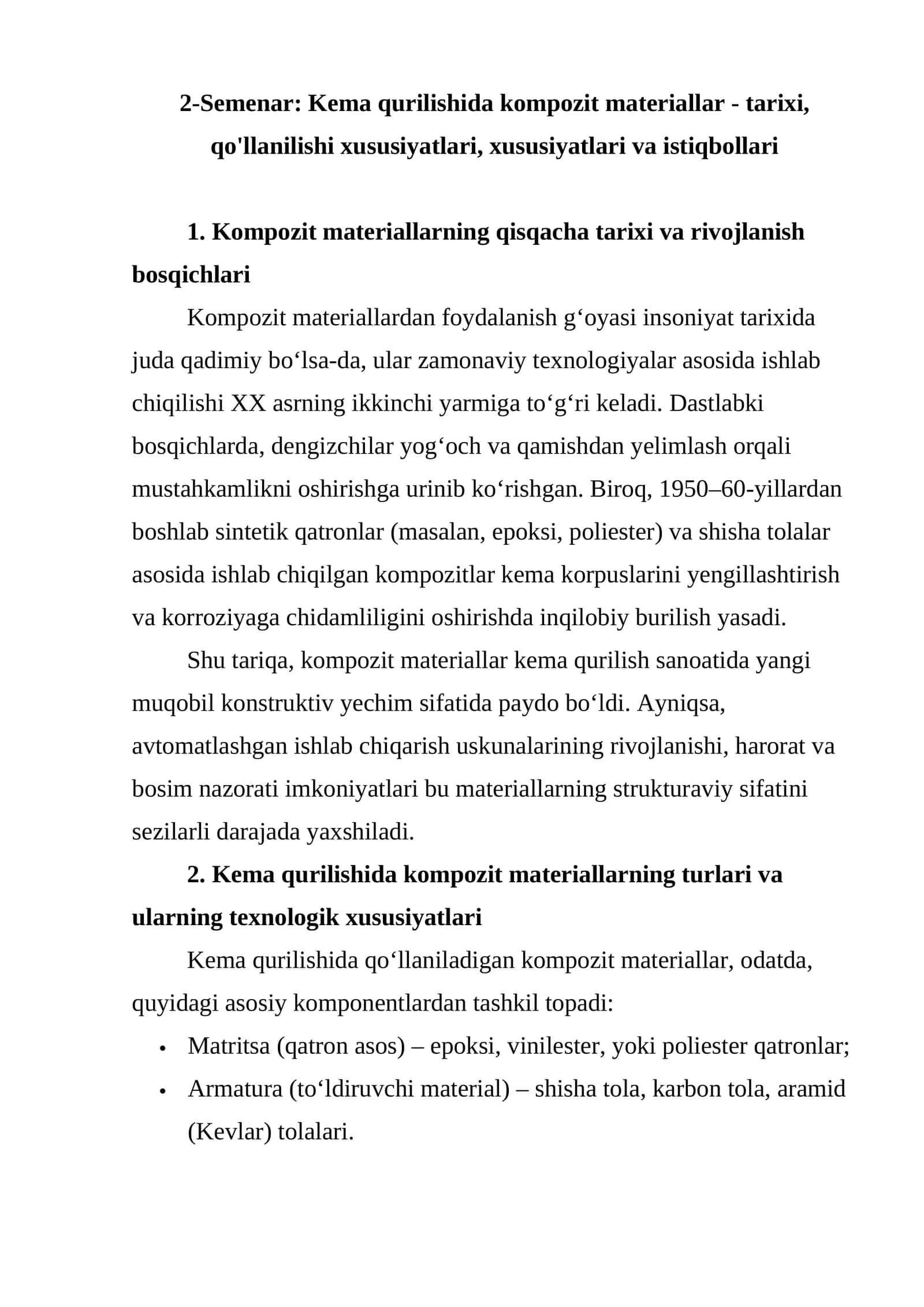 Semenar: Kema qurilishida kompozit materiallar - tarixi, qo'llanilishi xususiyatlari, xususiyatlari va istiqbollari