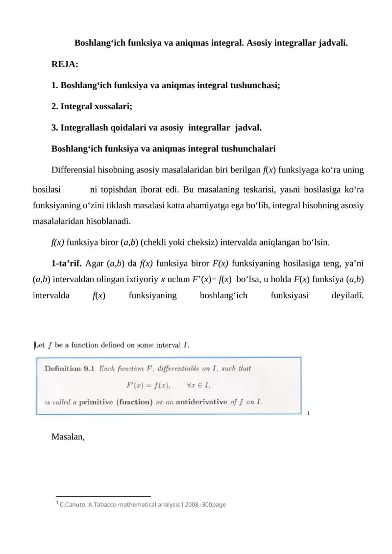 Boshlang‘ich funksiya va aniqmas integral