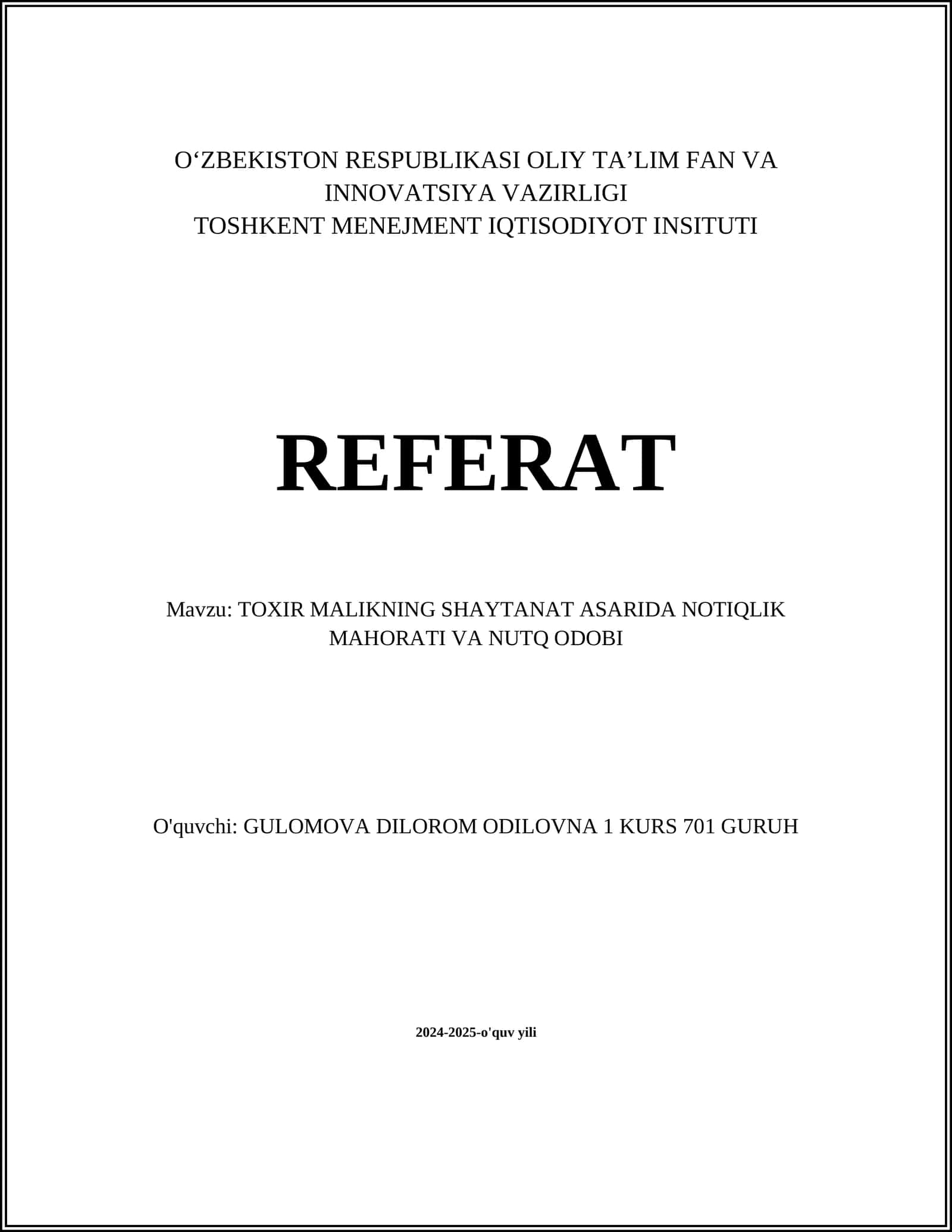 TOXIR MALIKNING SHAYTANAT ASARIDA NOTIQLIK MAHORATI VA NUTQ ODOBI