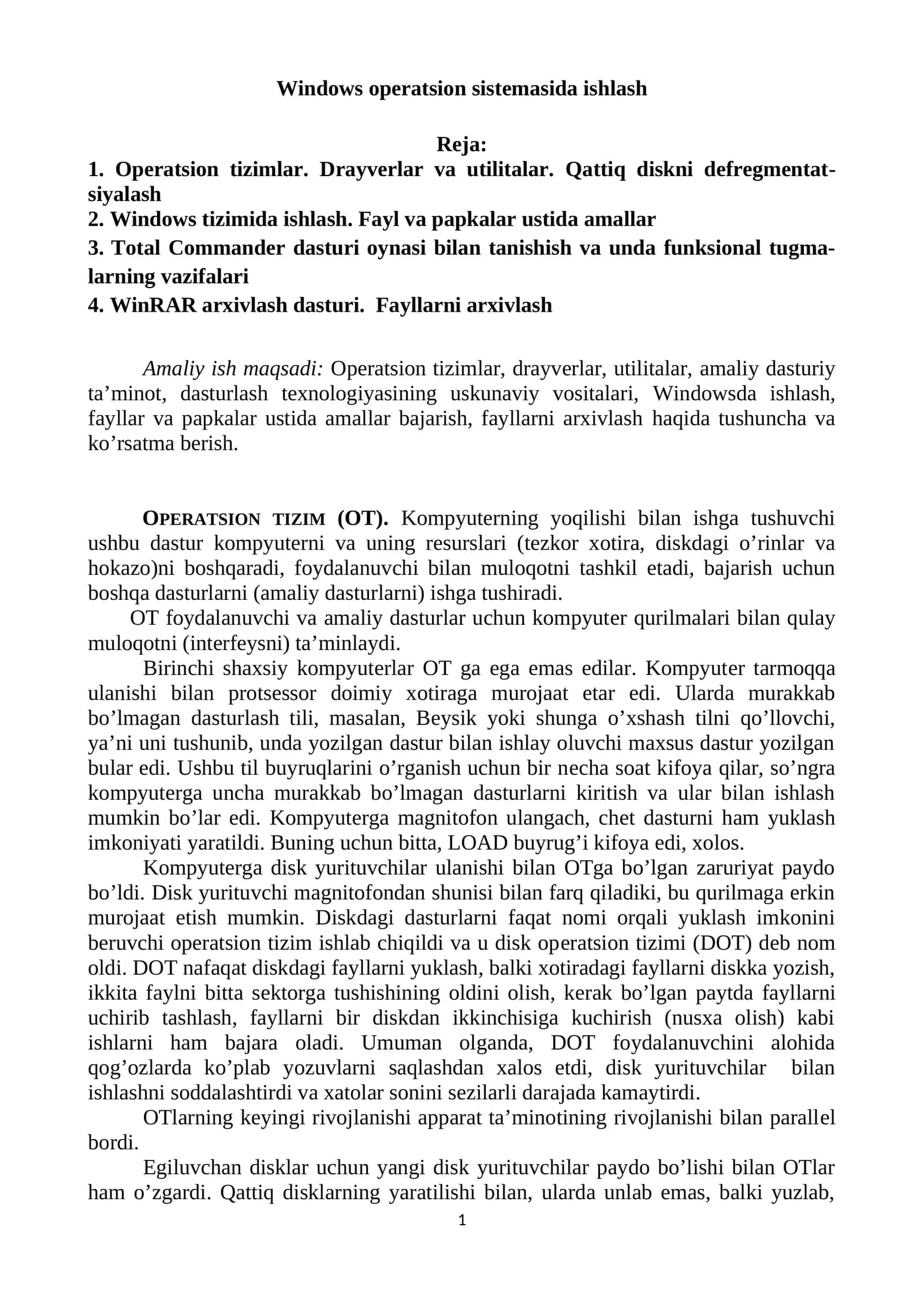 Windows operatsion sistemasida ishlash