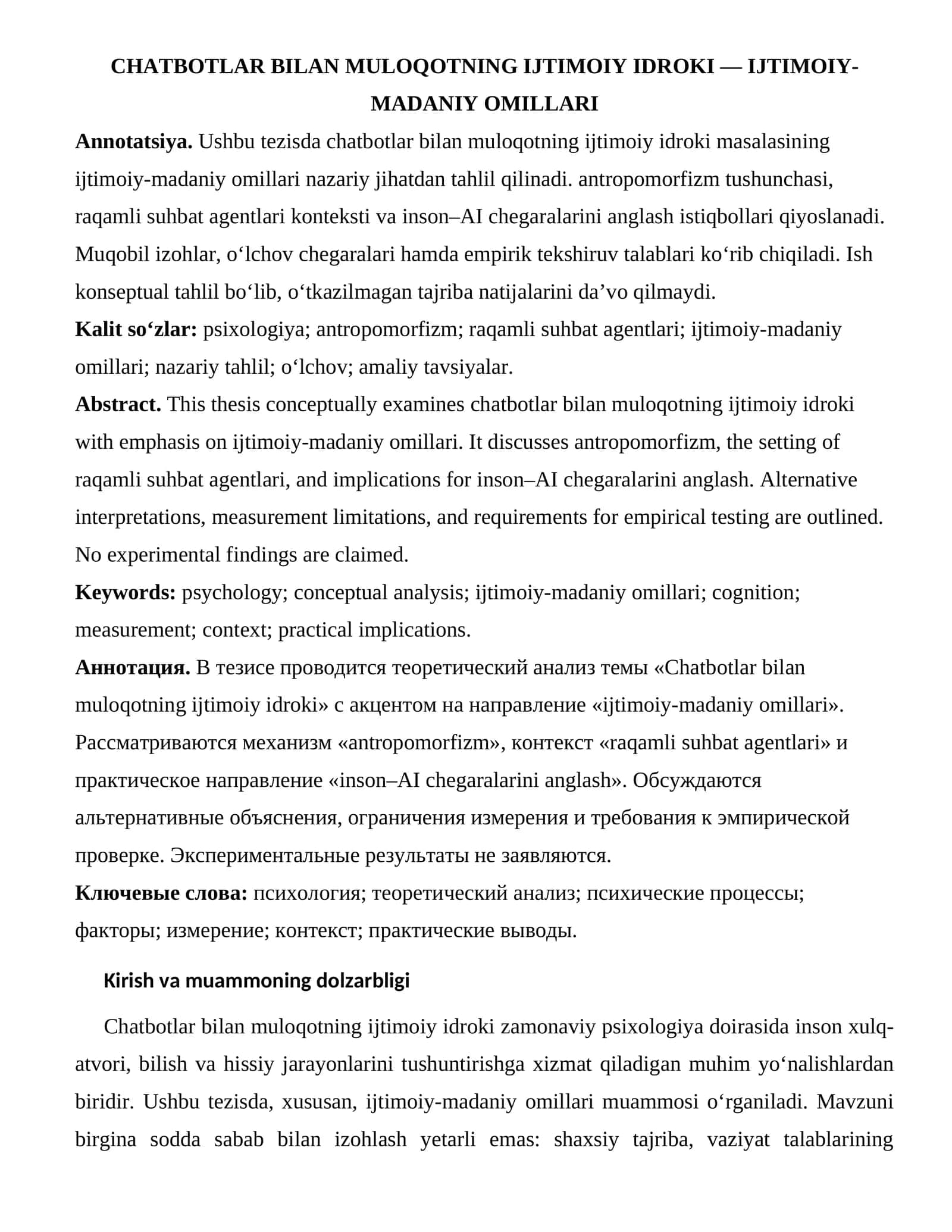 CHATBOTLAR BILAN MULOQOTNING IJTIMOIY IDROKI — IJTIMOIY-MADANIY OMILLARI