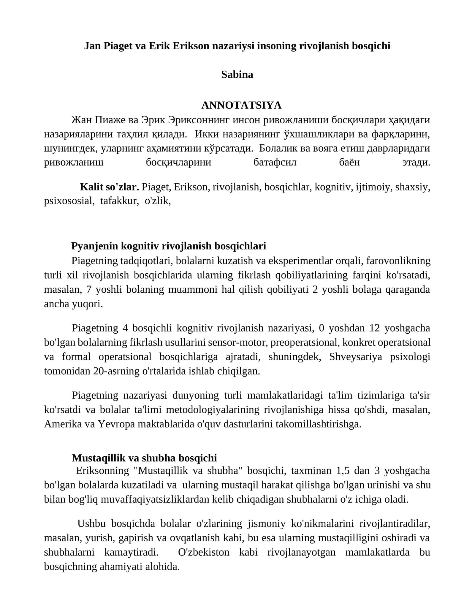 Jan Piaget va Erik Erikson nazariysi insoning rivojlanish bosqichi