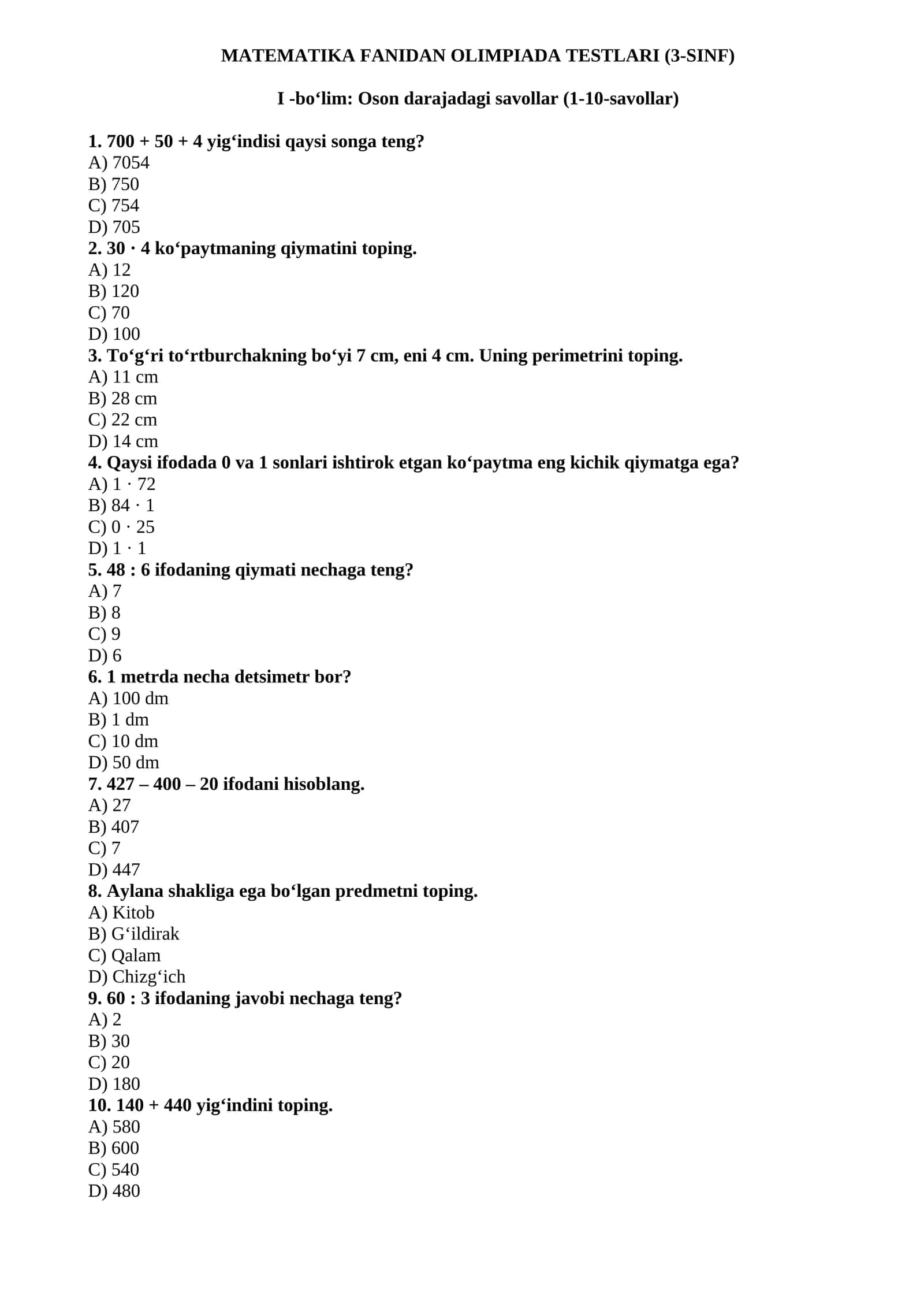 MATEMATIKA FANIDAN OLIMPIADA TESTLARI (3-SINF)