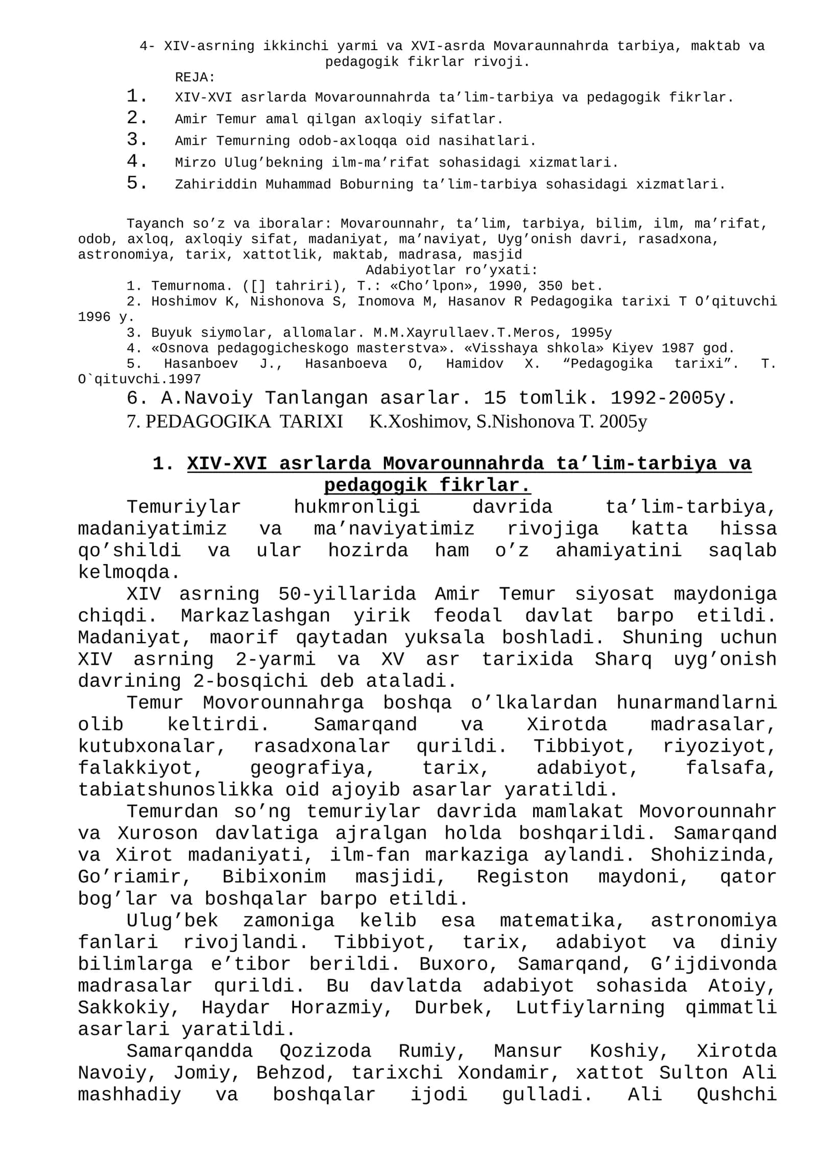 XIV-XVI asrlarda Movarounnahrda ta’lim-tarbiya va pedagogik fikrlar