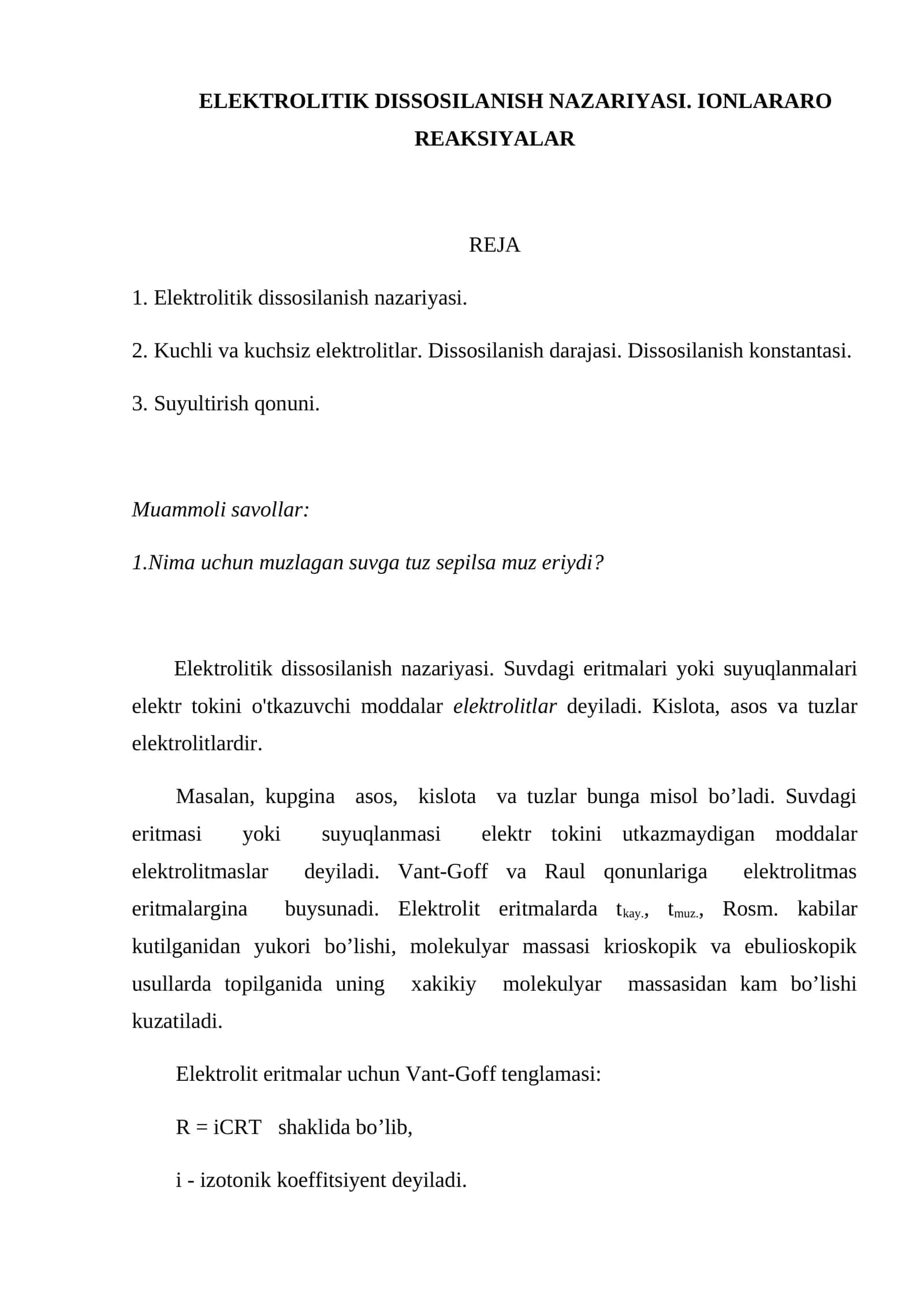 ELEKTROLITIK DISSOSILANISH NAZARIYASI. IONLARARO REAKSIYALAR