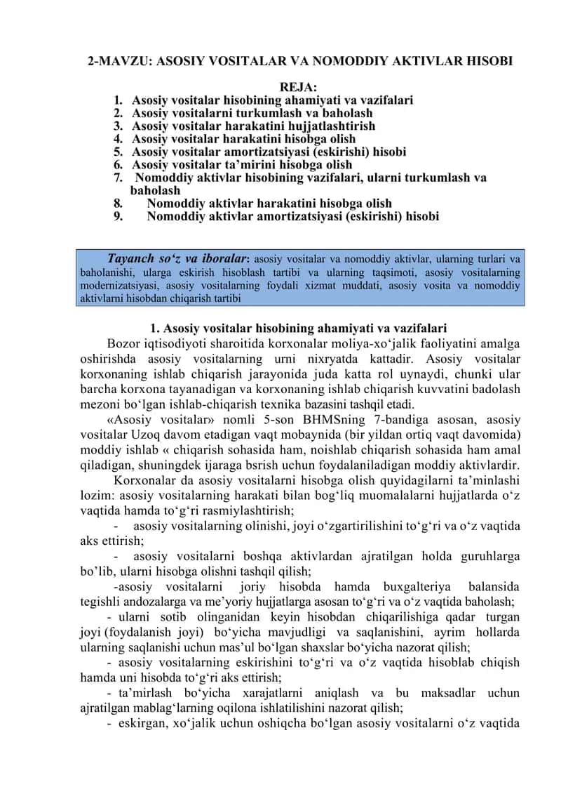 ASOSIY VOSITALAR VA NOMODDIY AKTIVLAR HISOBI