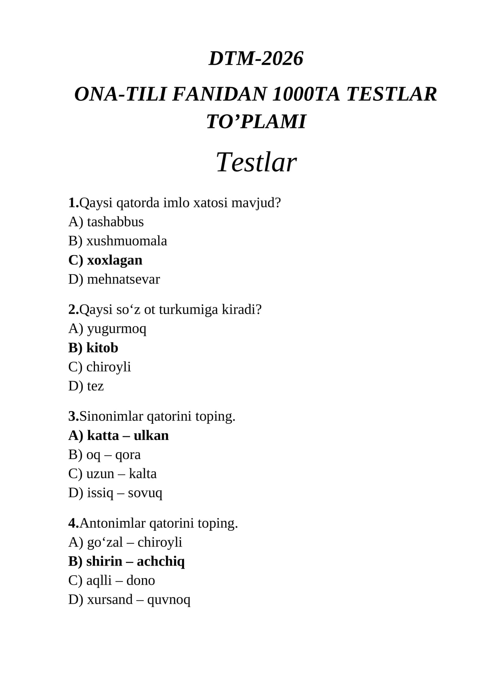 ONA-TILI FANIDAN 1000TA TESTLAR TO’PLAMI DTM-2026