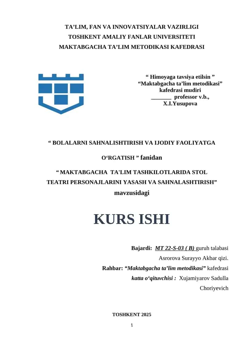 MAKTABGACHA TA'LIM TASHKILOTLARIDA STOL TEATRI PERSONAJLARINI YASASH VA SAHNALASHTIRISH .docx