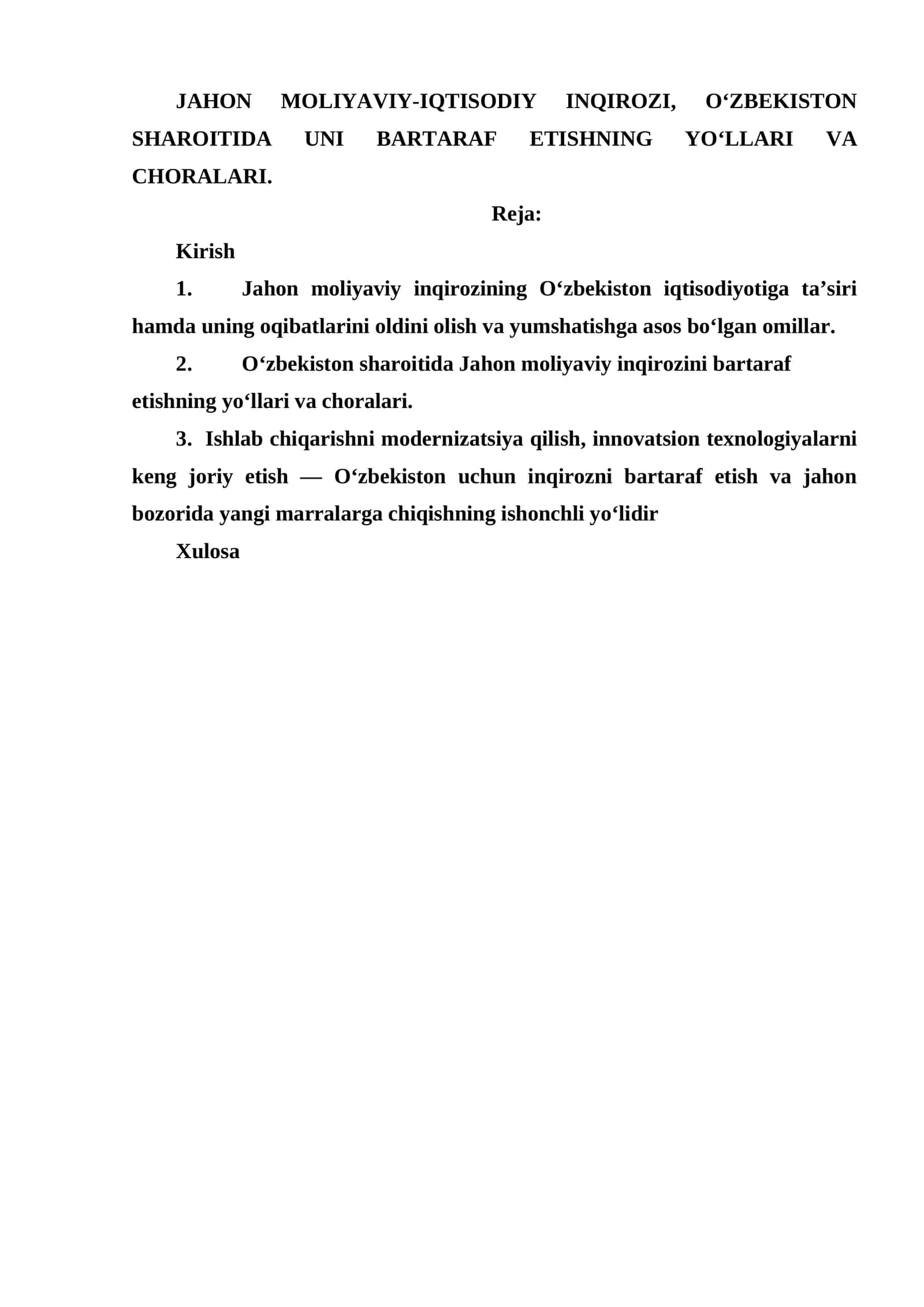 JAHON MOLIYAVIY-IQTISODIY INQIROZI, O‘ZBEKISTON SHAROITIDA UNI BARTARAF ETISHNING YO‘LLARI VA CHORALARI
