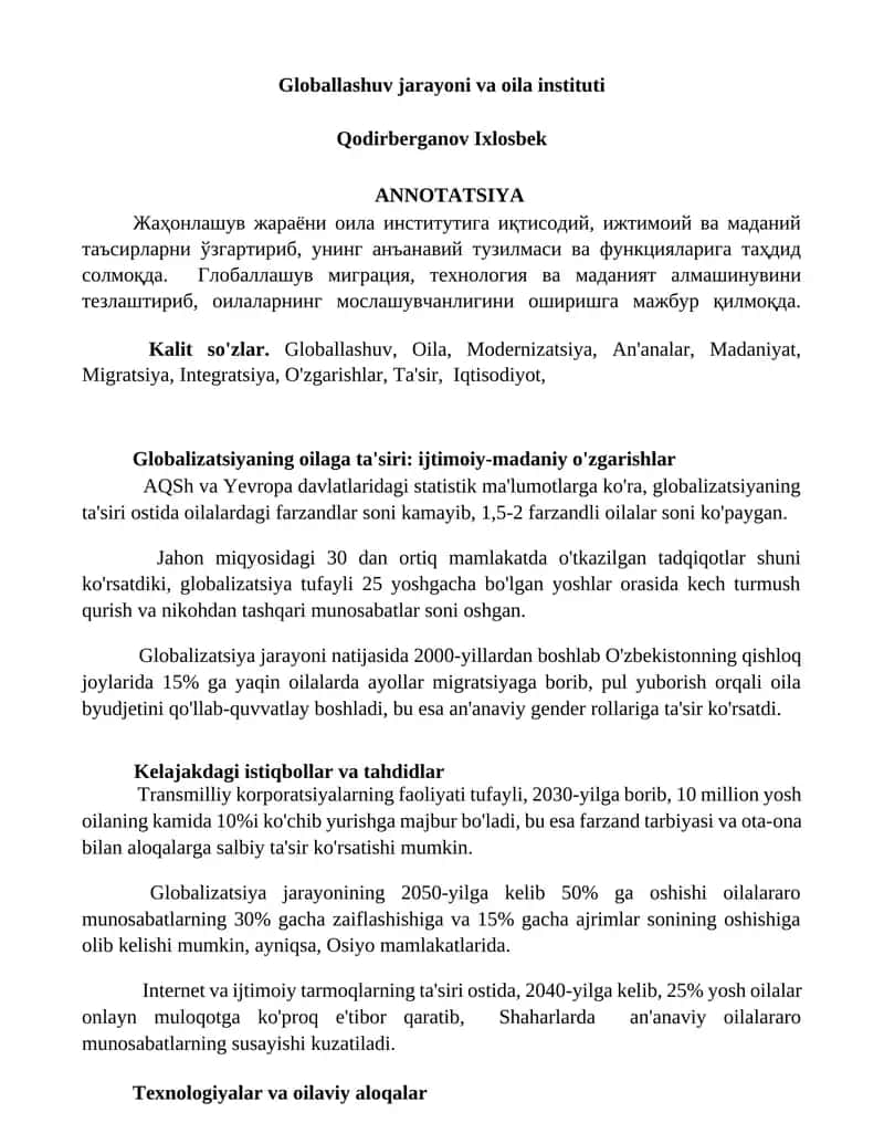 Globallashuv jarayoni va oila instituti