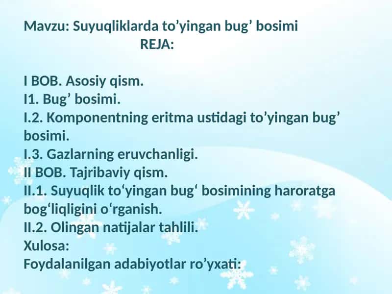 Suyuqliklarda to’yingan bug’ bosimi