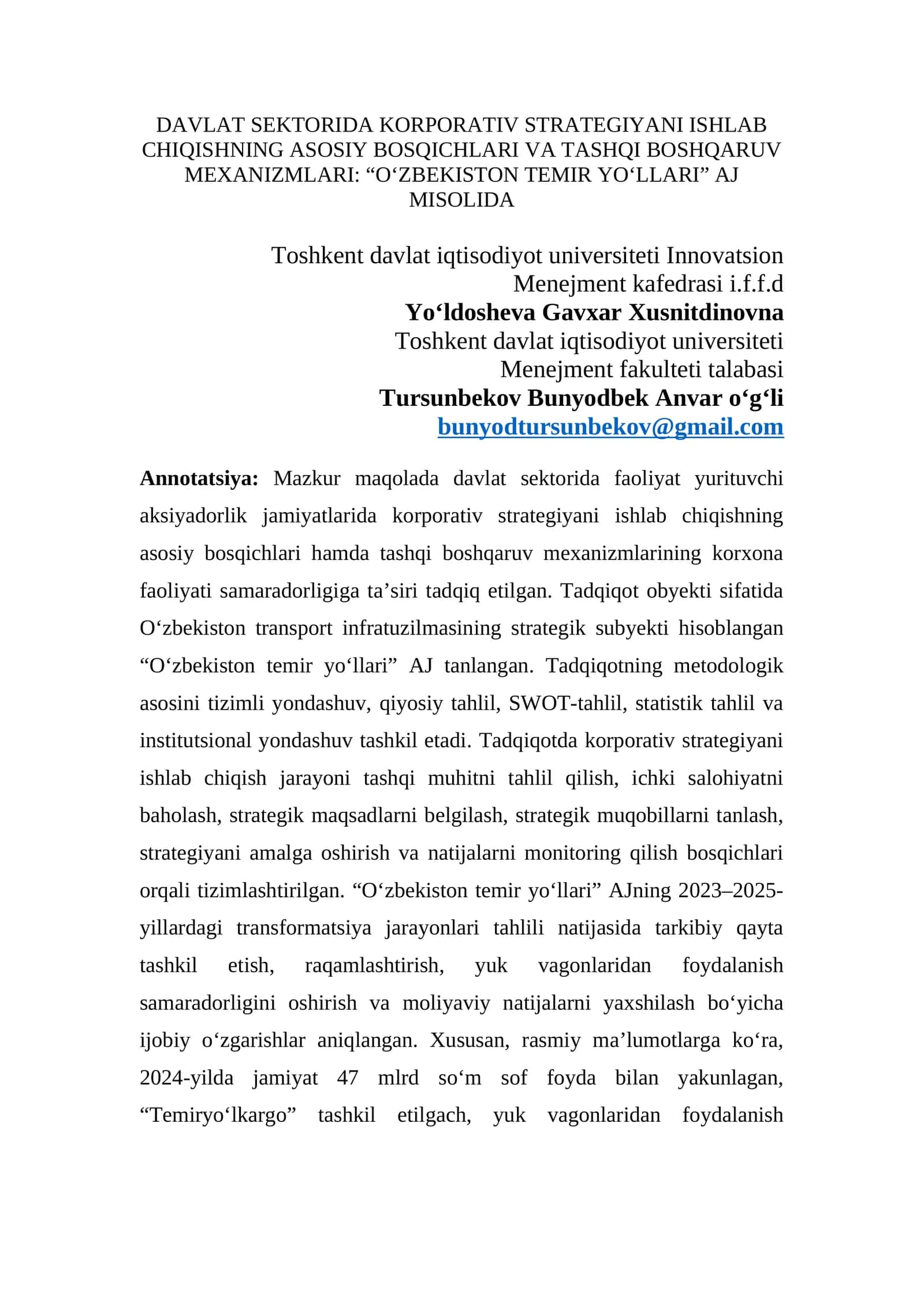 DAVLAT SEKTORIDA KORPORATIV STRATEGIYANI ISHLAB CHIQISHNING ASOSIY BOSQICHLARI VA TASHQI BOSHQARUV MEXANIZMLARI: “O‘ZBEKISTON TEMIR YO‘LLARI” AJ MISOLIDA
