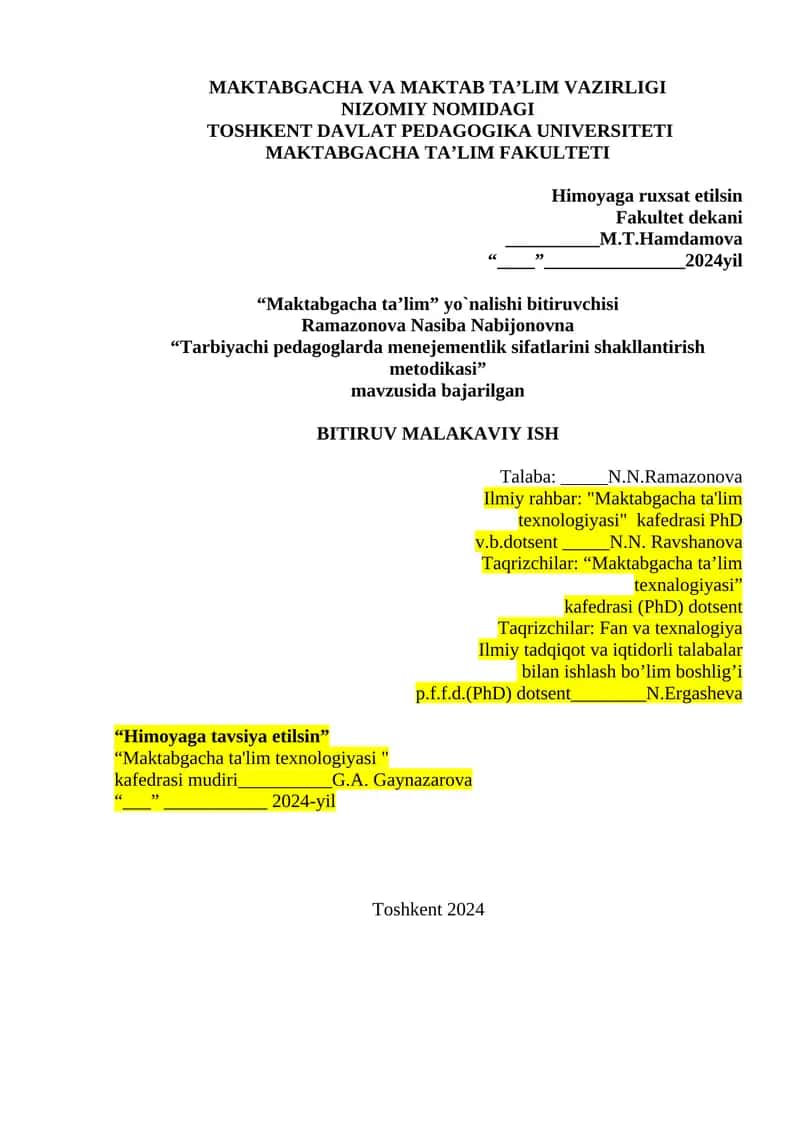 Tarbiyachi pedagoglarda menejementlik sifatlarini shakllantirish metodikasi