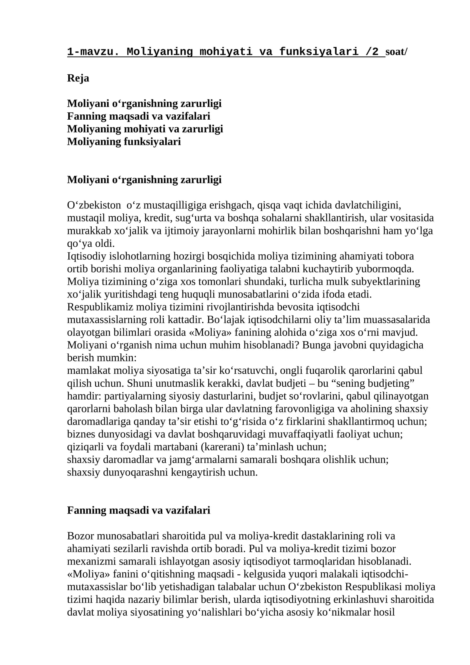 Moliyaning mohiyati va funksiyalari