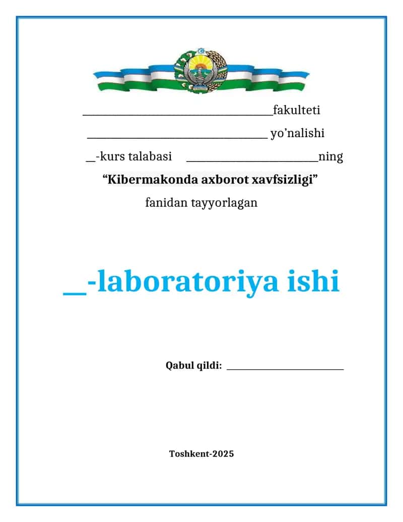 Kibermakonda axborot shifrlash — RSA bilan  ismni shifrlash va deshifrlash (laboratoriya ishi, DOCX)